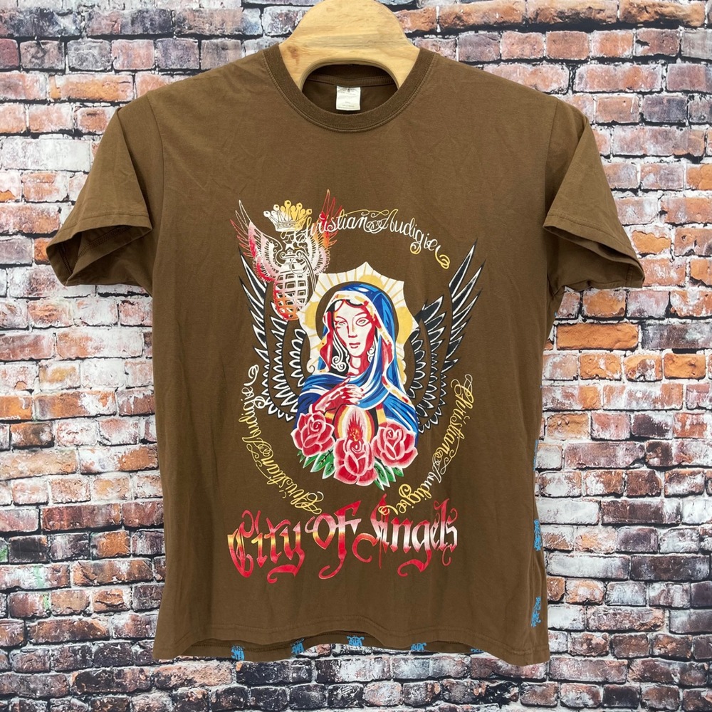 Christian Audigier City of Angels Virgin Mary T-Shirt Mens 3XL Brown Graphic Tee
